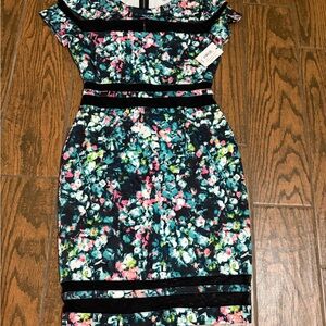 Blue Sky Floral Midi Dress in Black with Pink and Teal Accents